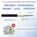 100M/328FT Outdoor Armored LC to LC Fiber Optic Cable, 4 Core OS2 Single Mode - Image 2