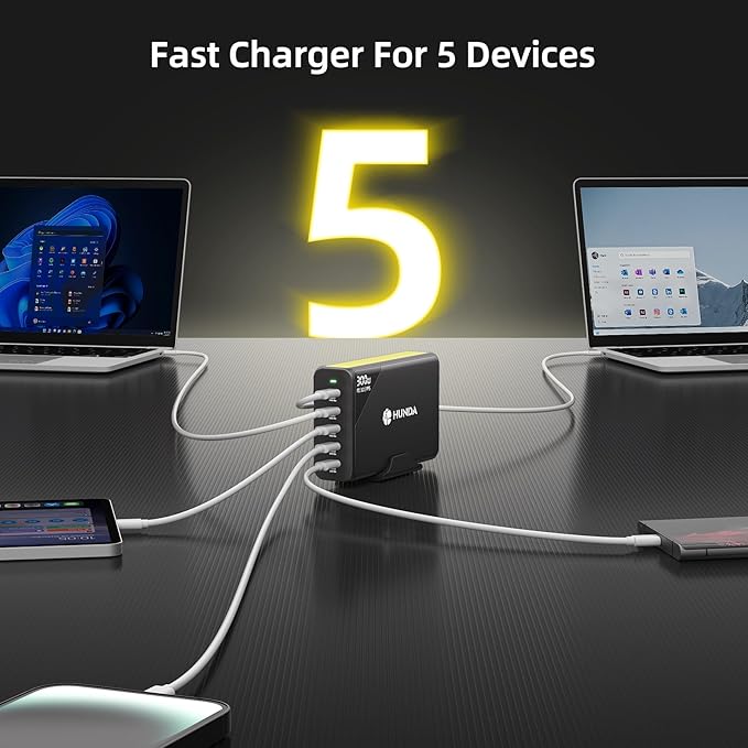 HUNDA 300W USB C Charger GaN Charging Station Desktop 5 Ports PD 100W Fast - Image 6