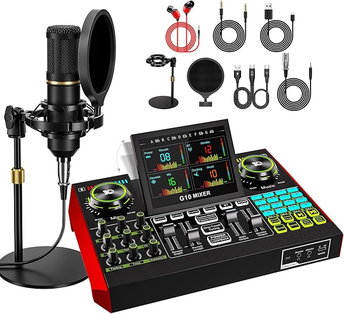 Podcast Microphone Bundle with Live Sound Card Audio Mixer, Podcast Equipment by neculogy