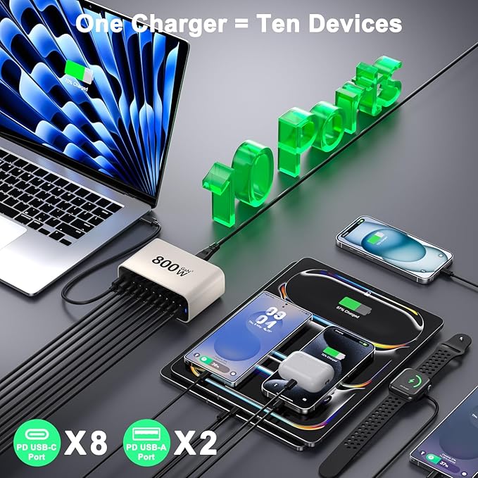 USB C Charging Station 800W, USB Fast Charger Block 10 Ports, Dual 140W PD PPS - Image 5