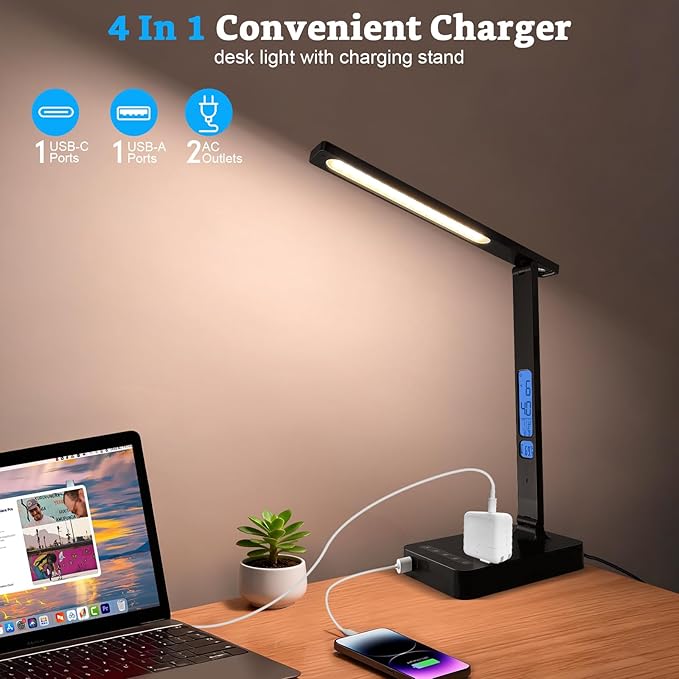 Smart Desk Lamp with Dual USB Charging & 2 AC Outlets, Digital Clock, - Image 3