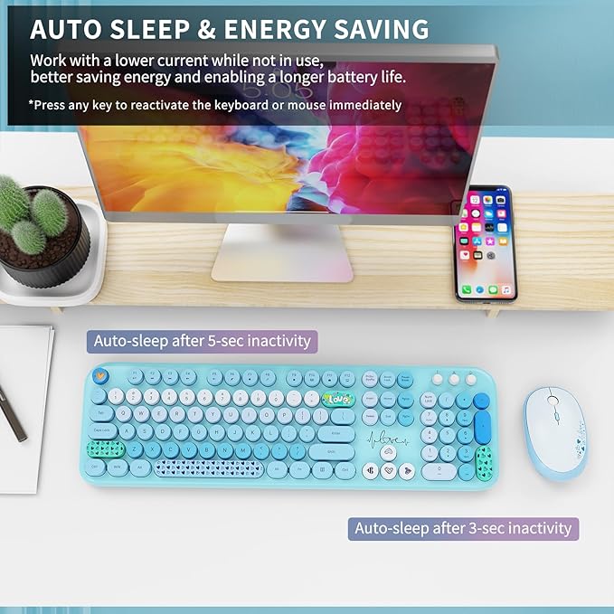 Wireless Keyboard and Mouse Set, 104 Round Keys Full-Size Cute Colorful - Image 4