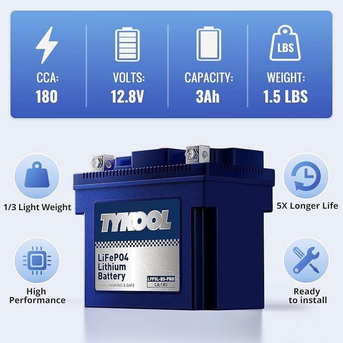 TYKOOL YTX5L-BS High Performance lithium LiFePO4 Motorcycle Battery, 12.8V 3Ah - Image 3
