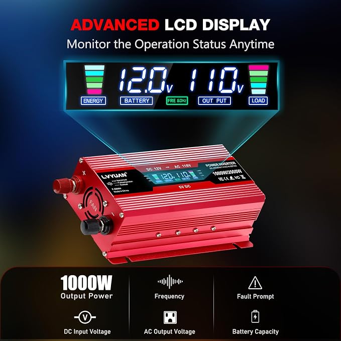 LVYUAN 1000W Car Power Inverter 12V to 110V / 120V DC to AC - Image 3