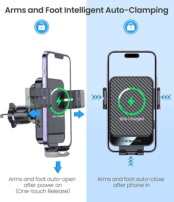 Wireless Car Charger, MOKPR 15W Fast Charging Auto-Clamping Car Mount Universal - Image 3
