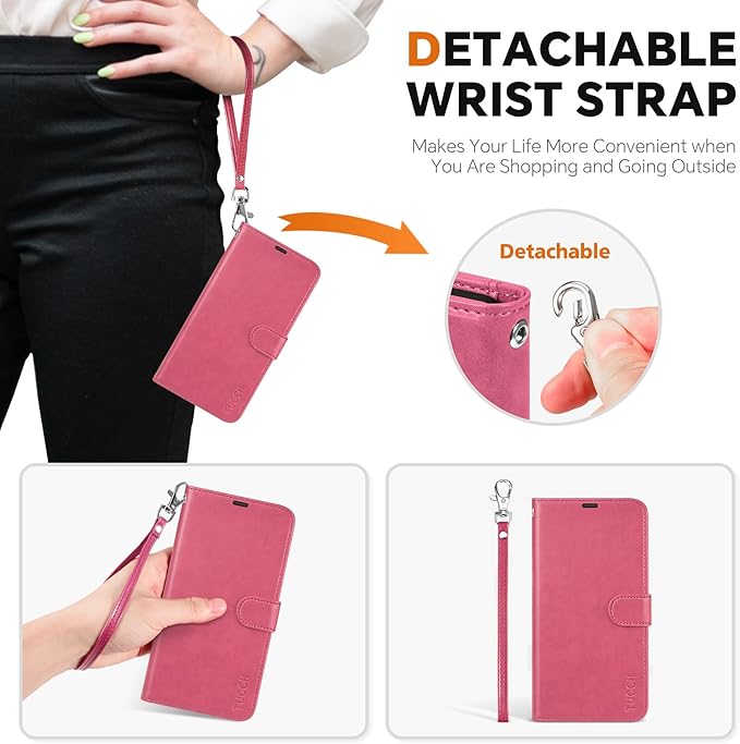 TUCCH Case for Galaxy S25, 2 in 1 Magnetic PU Leather Wallet Case Wrist Strap - Image 6