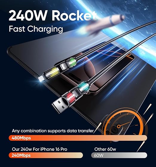 MAGIC JOHN 240W 4 in 1 Charging Cable, 6.6FT USB C to Lightning Cable, Chubby - Image 3