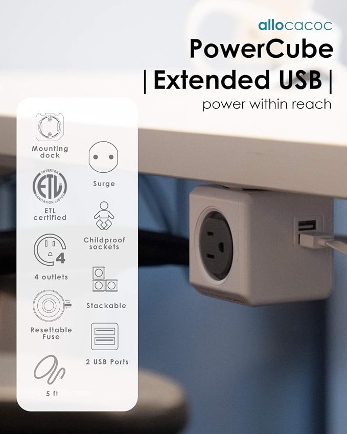 Allocacoc, PowerCube |ExtendedUSB|, 4 outlets, 2 USB Ports, 5 feet cable - Image 2