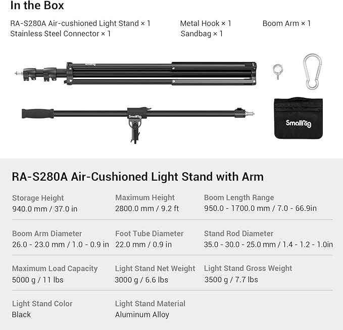 SmallRig Aluminum Light Stand 110"/9.2ft/280cm, Adjustable Photography - Image 8