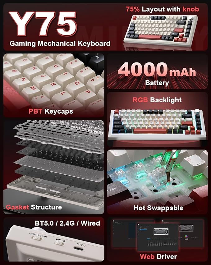 Y75 Wireless Mechanical Keyboard, 75% Hot Swappable Custom Keyboard - Image 2