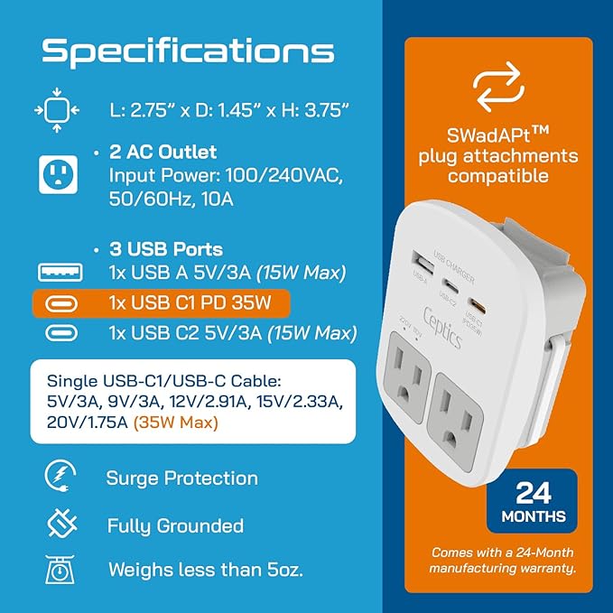 Ceptics 35W Universal Travel Adapter Kit – 2 USA sockets, 1x PD 35W USB-C and - Image 5