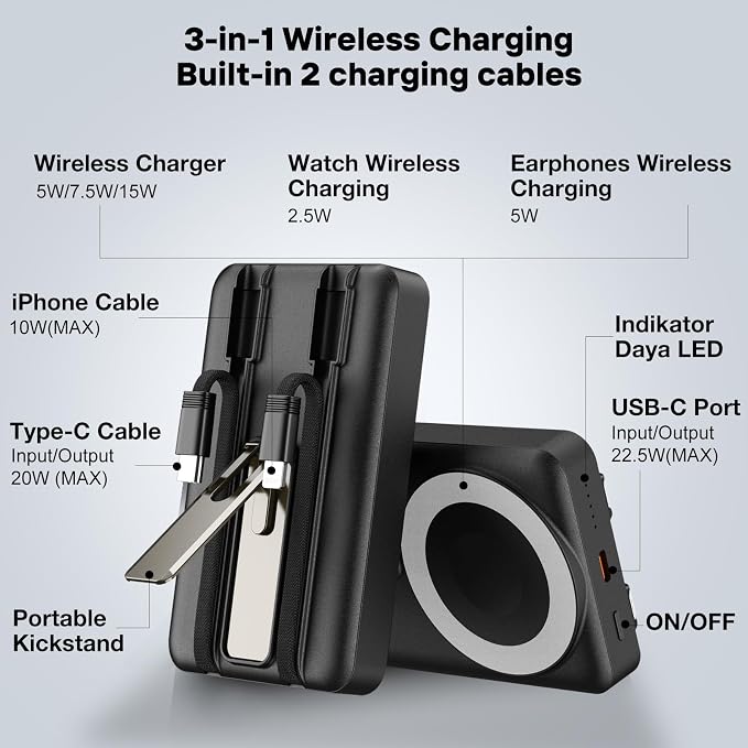 Wireless Portable Charger, 3-in-1 Magnetic Power Bank 10000mAh - Image 2