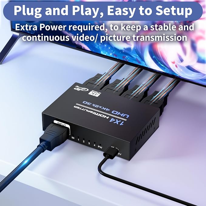 HDMI Splitter 1 in 4 Out 4K@30Hz, Powered 1x4 HDMI Video Splitter 4 Ports - Image 7