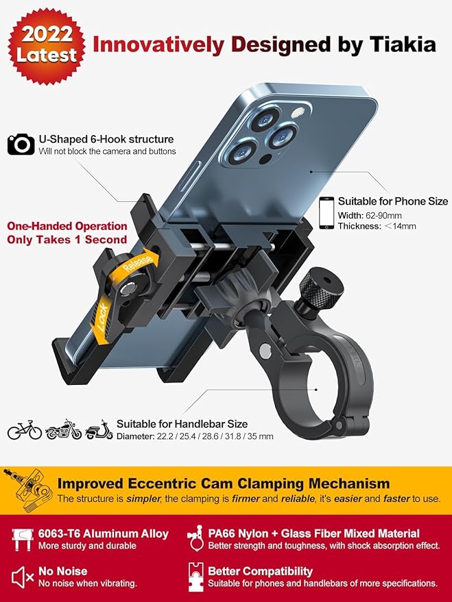 Tiakia Bike Phone Mount Holder, Aluminum Motorcycle Phone Mount, Handlebar - Image 5