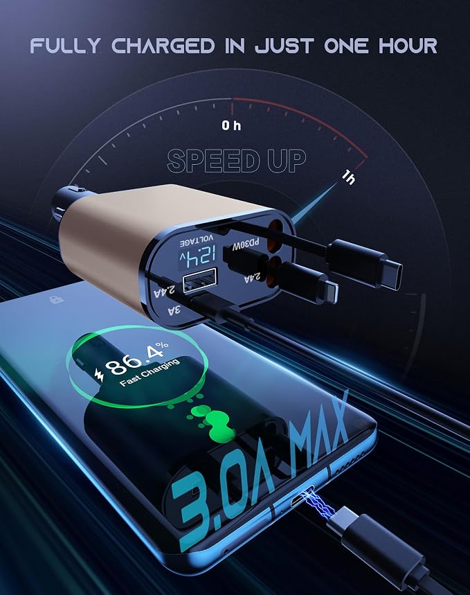 Retractable Car Phone Charger, 4 in 1 Fast Charge Car Phone Charger - Image 2