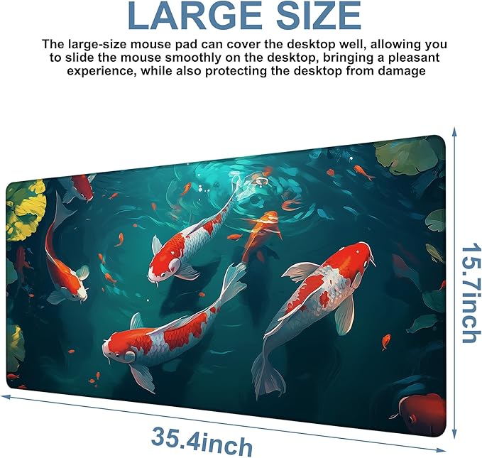 Large Mouse Pad Koi Fish Gaming Desk Pad Computer Keyboard Non-Slip Waterproof - Image 3