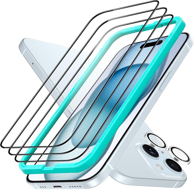 ESR 3+1 Pack for iPhone 15 Screen Protector, Full Coverage Ultra-tough Tempered by ESR