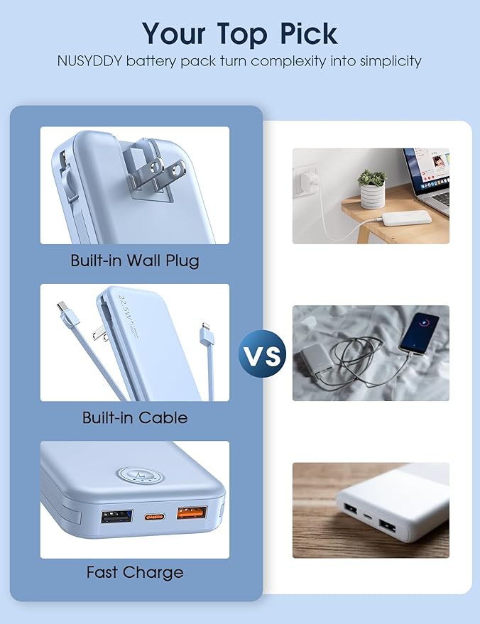 Portable Charger with Built in Cable and AC Wall Plug, USB C Power Bank - Image 3