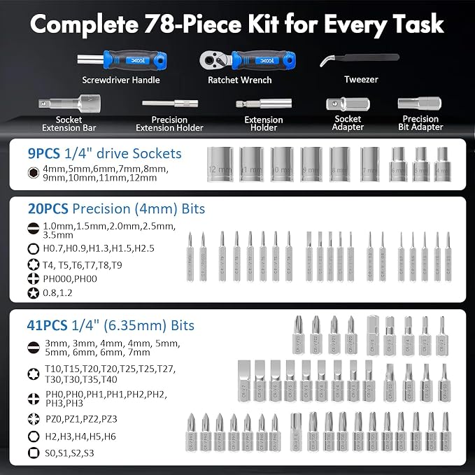 XOOL 78PCS Ratchet Screwdriver Set, Precision Bits, 1/4" Sockets, Magnetic Tools - Image 3