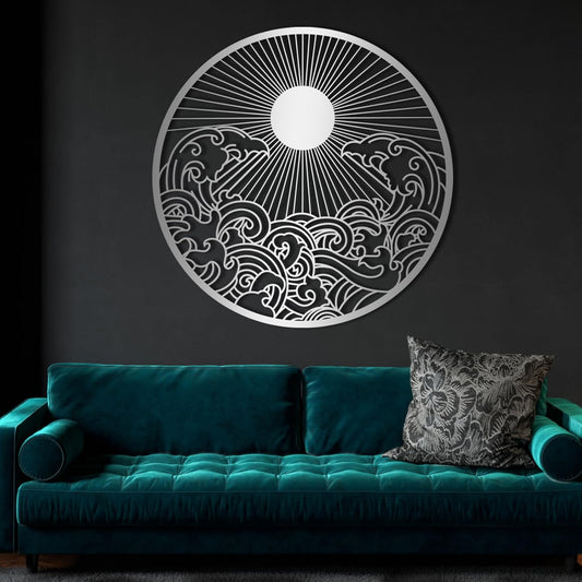 flyoak Metal Sun Wall Decor Outdoor, Sunrise Metal Wall Art, Metal Wave Wall Art, Sunrise and Wave Wall Decor, Sunburst Wall Art, Sunset Wall Art, Wall Hangings for Bedroom (Silver, 35x35in|90x90cm)