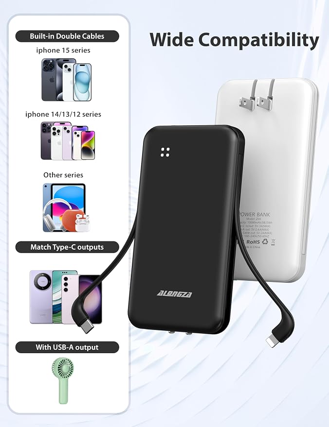 Alongza Portable Charger Built-in Cables and AC Wall Plug, Slim Fast Charging - Image 4