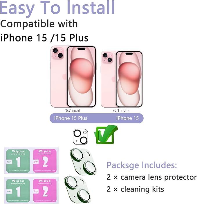 2 Pack Camera Lens Protector for iPhone 15 / iPhone 15 Plus, AR Tempered Glass - Image 2