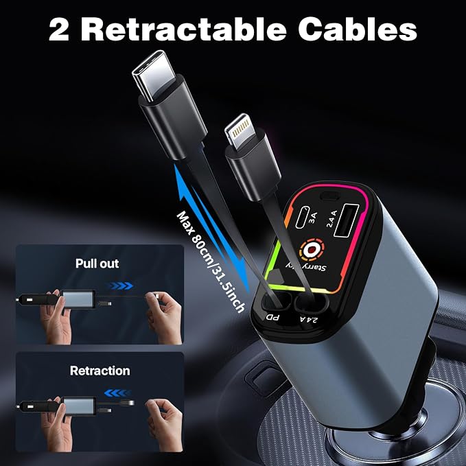 Starlight Retractable Car Charger, 66W Fast Car Chargers Adapter 4 in 1 - Image 2