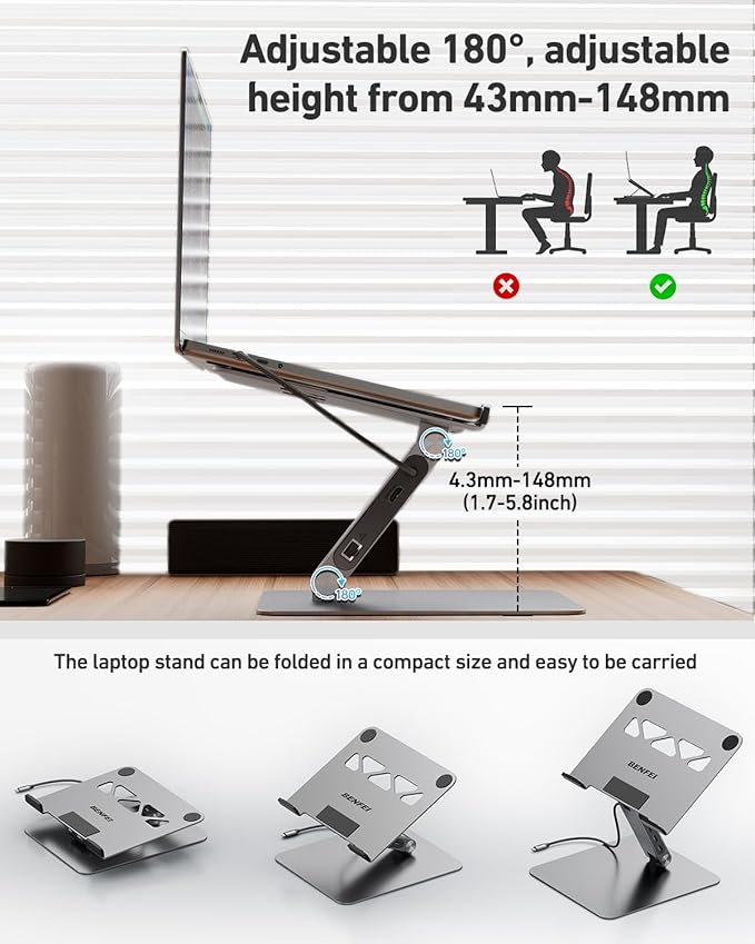 BENFEI Laptop Stand with USB C 6in1 Docking Station, HDMI 4K@60Hz, Gigabit - Image 9