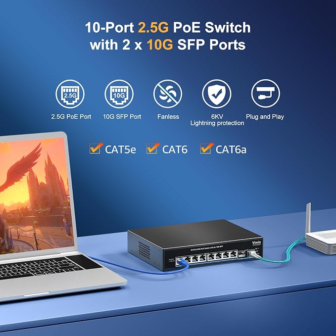 8 Port 2.5G PoE Switch Unmanaged, VIMIN 10x 2.5G Base-T PoE Switch, 2X 10G SFP - Image 2