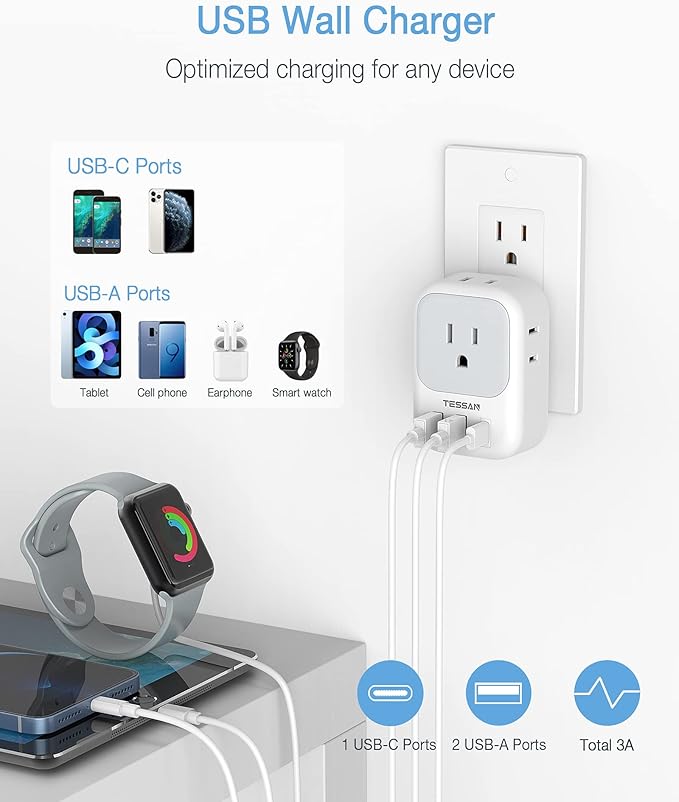 20W PD Multi Plug Adapter, TESSAN 3 USB Wall Charger Multiports, Cube Charging - Image 3