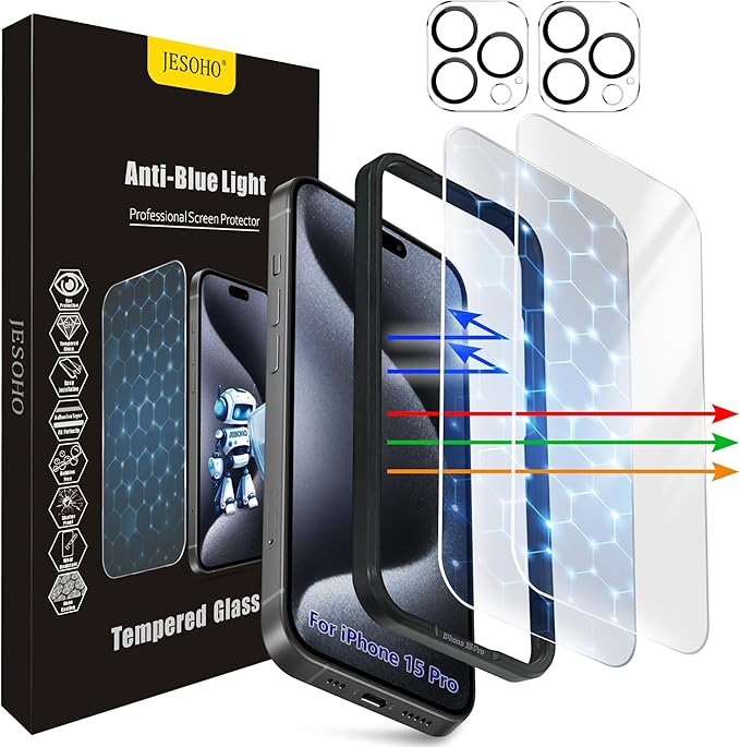 Screen Protector for iPhone 15 Pro, HD Clear, 9H Hardness, No Bubbles, Case by JESOHO