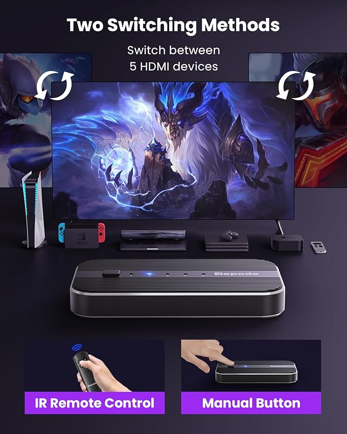 HDMI Splitter with Remote, 5 in 1 Out 4K@60Hz Elepode HDMI Switch, HDMI 2.0 - Image 4