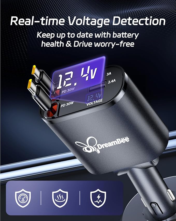 DreamBee Retractable Car Charger, 66W Super Fast USB Car Phone Charger - Image 2