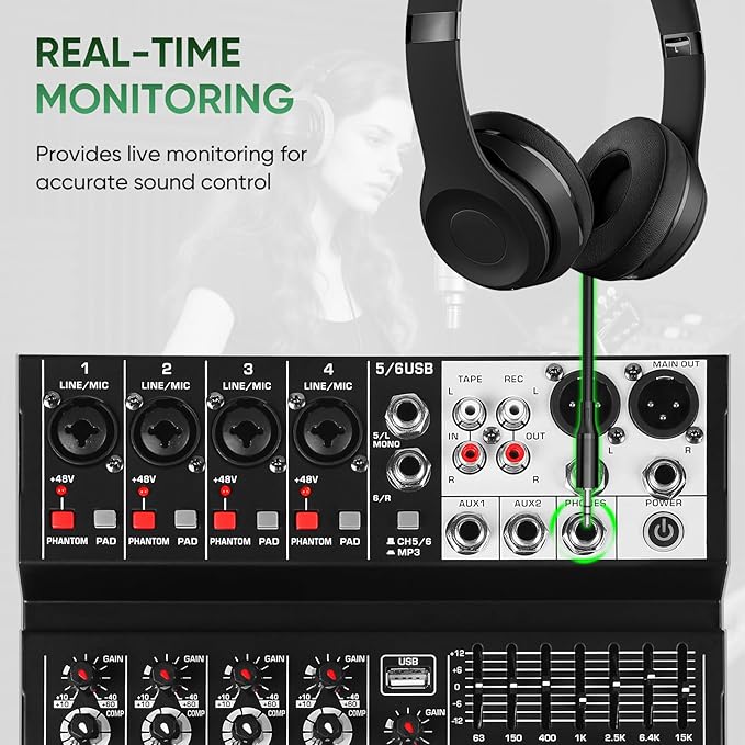 Audio Mixer 6 Channel Sound Mixer Console, Professional Music Mixing Board DJ - Image 7