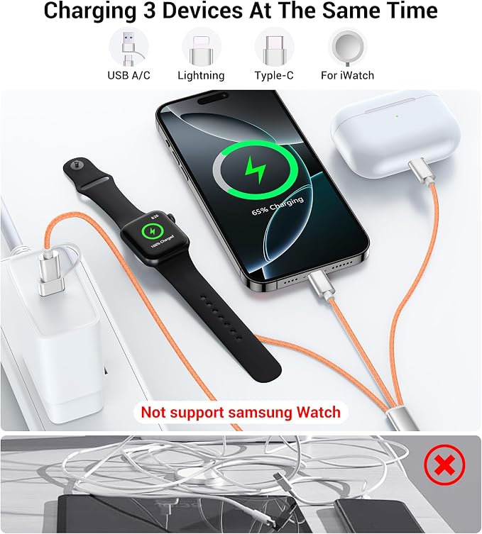 Temdan for Travel Vacation Essentials, 3 in 2 USB C Cable for Apple Watch - Image 3