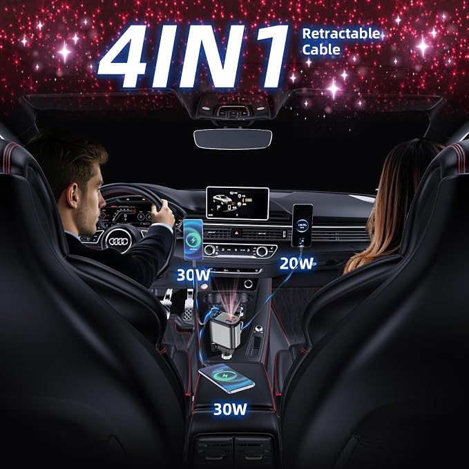 Fast Car Charger with Starlight, 4 in 1 Retractable Car Charger, 69W USB C - Image 7