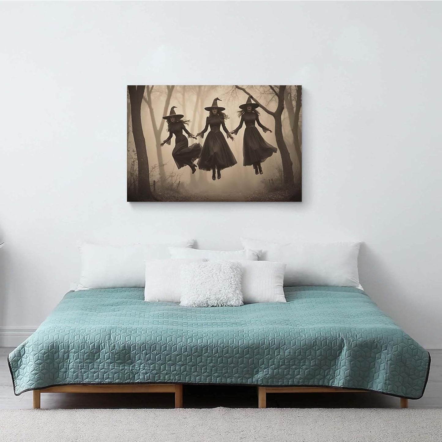 JFHCQJPK Three ghost witches flying in vintage forest gothic wall art witchcraft decoration holiday gift canvas wall art print8x12in Frameless