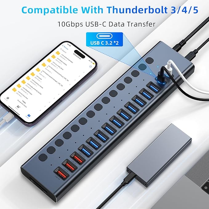 Powered USB Hub 10Gbps, 17 Ports 96W USB 3.2 Hub, 12V/8A Power Adapter - Image 6