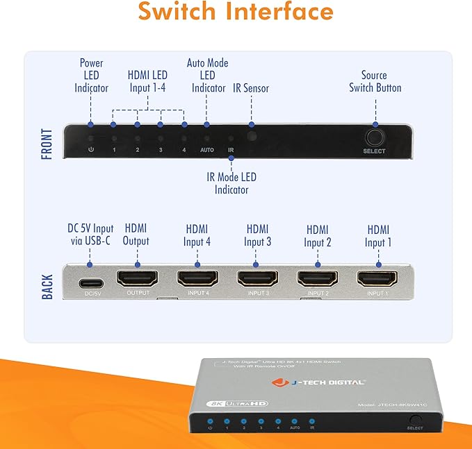 J-Tech Digital HDMI Switch 4K 120hz, 2.1 Switch 4 in 1 Out, 8K 60Hz 1080P 240Hz - Image 7