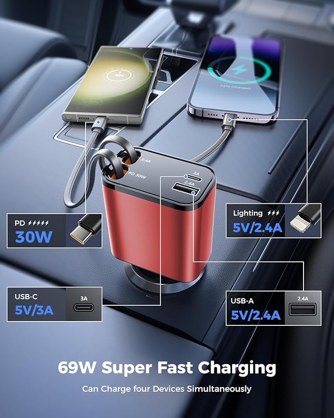 4 in 1 Retractable Car Charger, SUPERONE Smaller Fast Car Phone Charger 69W - Image 5