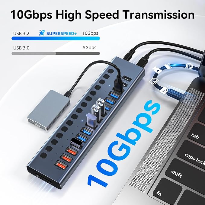 Powered USB Hub 10Gbps, 17 Ports 96W USB 3.2 Hub, 12V/8A Power Adapter - Image 3