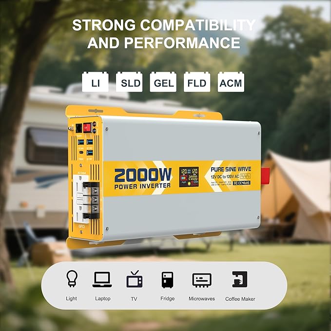 XWJNE 2000W Pure Sine Wave Power Inverter 12V DC to 120V GFCI AC Converter - Image 2