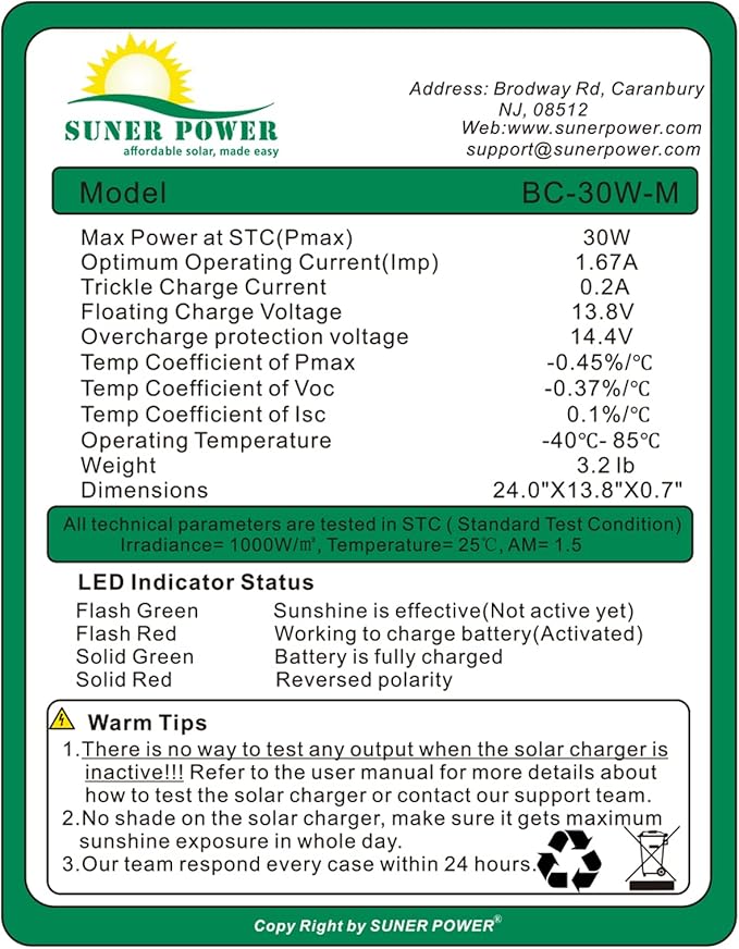 SUNER POWER 30W 12V Solar Battery Charger Maintainer, Built-in Smart MPPT - Image 5