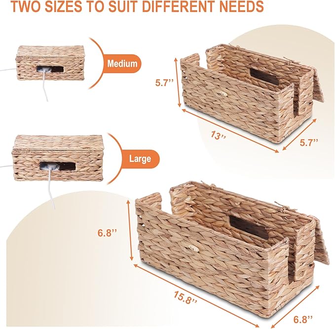 Cable Management Box, Handwoven Water Hyacinth Cable Organizer Box Set - Image 2