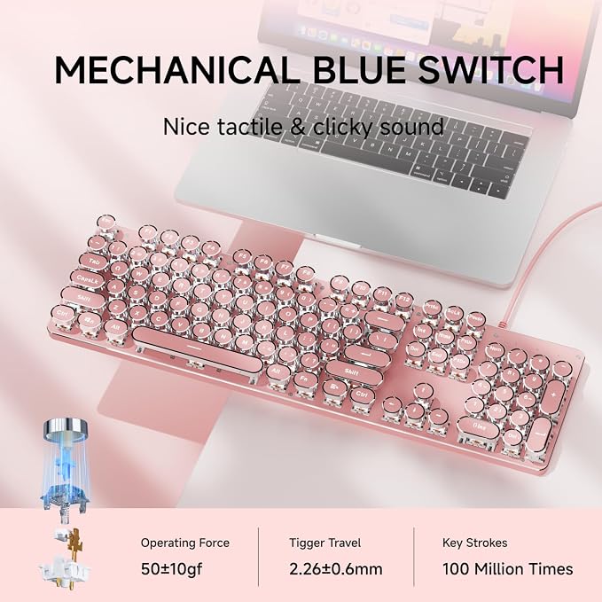 EWEADN TK100 Typewriter Keyboard Wired Mechanical Keyboard, 104 Keys Aesthetic - Image 4