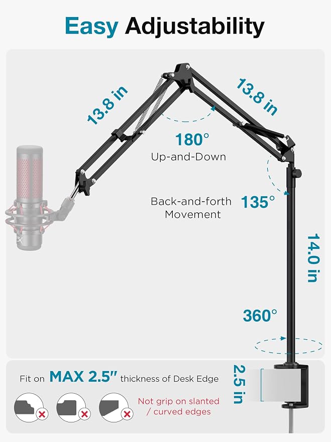 InnoGear Desk Mic Stand, 360° Rotatable Overhead Mic Boom Arm Microphone Stands - Image 5