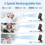 ATEngeus Rechargeable Clip-on USB Desk Fan, 3 Speeds, 5000mAh Battery, - Image 2