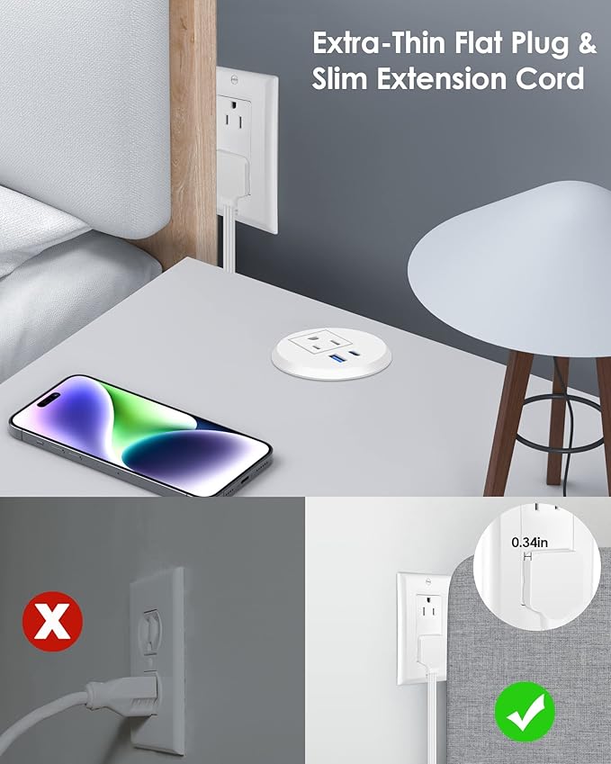 2 inch Desk Power Grommet with PD 20W USB C, Ultra-Flat Plug Power Strip - Image 3
