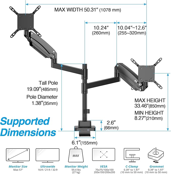 AVLT Dual 57 Inch Heavy Duty Stacking Monitor Arm Pole Top Mount - Image 2