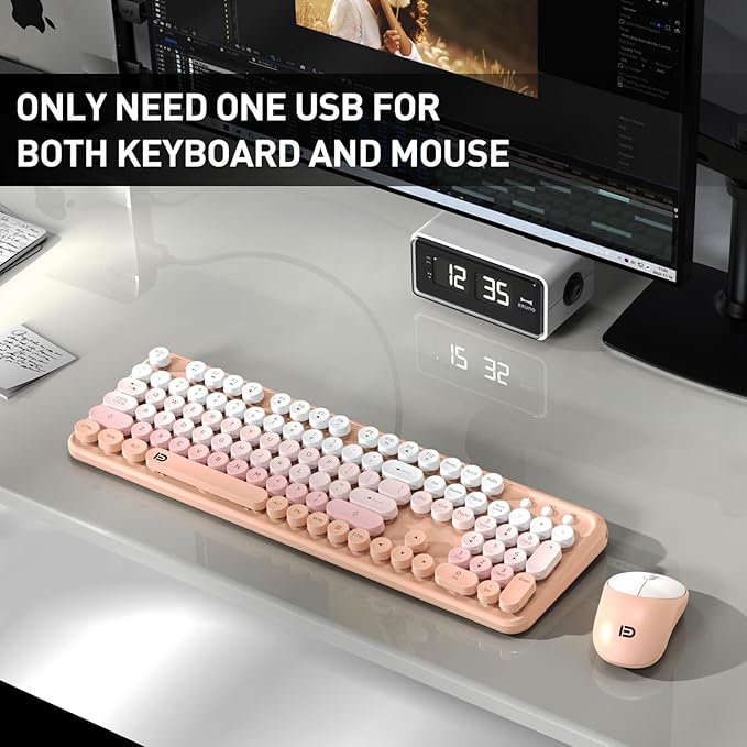 Wireless Keyboard and Mouse Combo, 105 Round Keys Full-Size Cute Colorful Pink - Image 7
